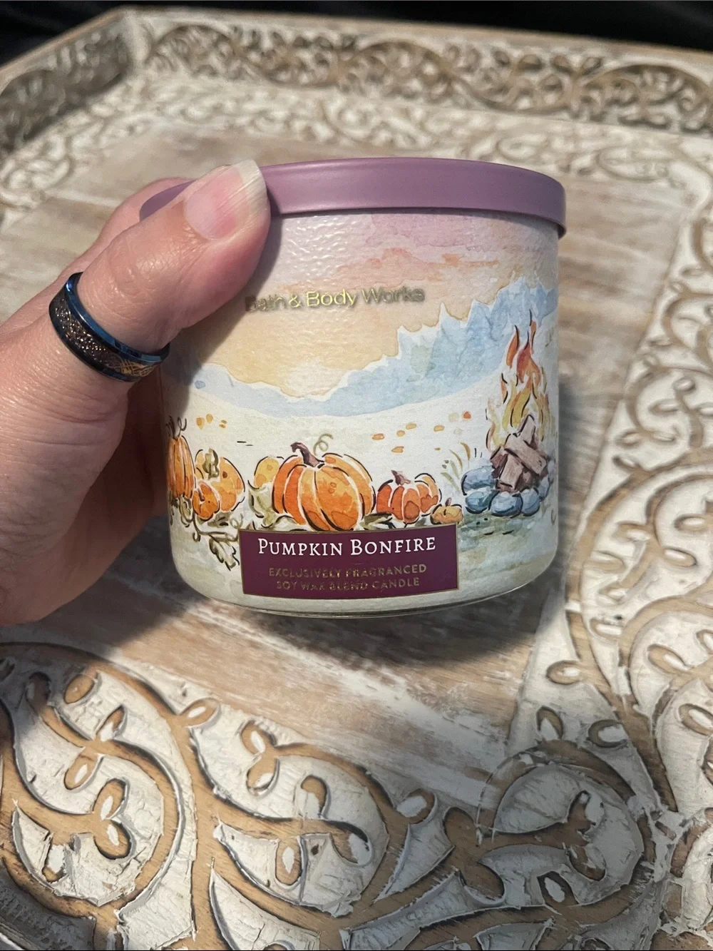 Bath & Body Works Pumpkin Bonfire Candle - Lavender Lid